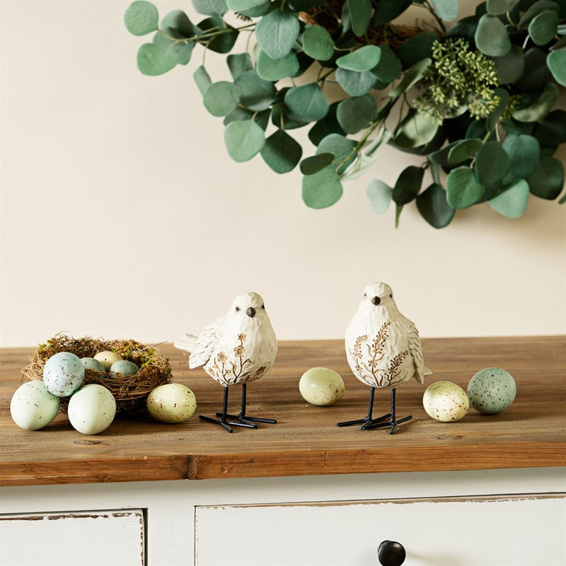 Melrose Bird Figurine/Carved Floral Design, Set/2, White/Brown/Black