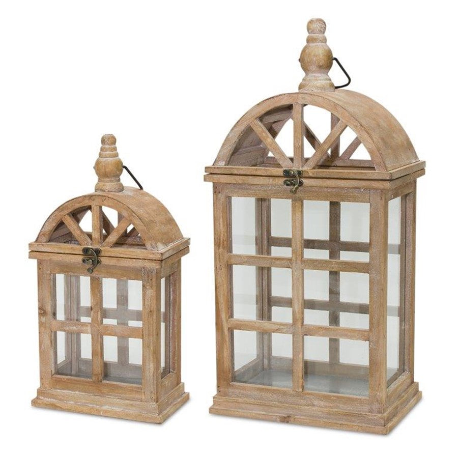 Melrose Natural Wooden Lantern/Curved Top, Set of 2, Brown/White/Silve - 82571DS