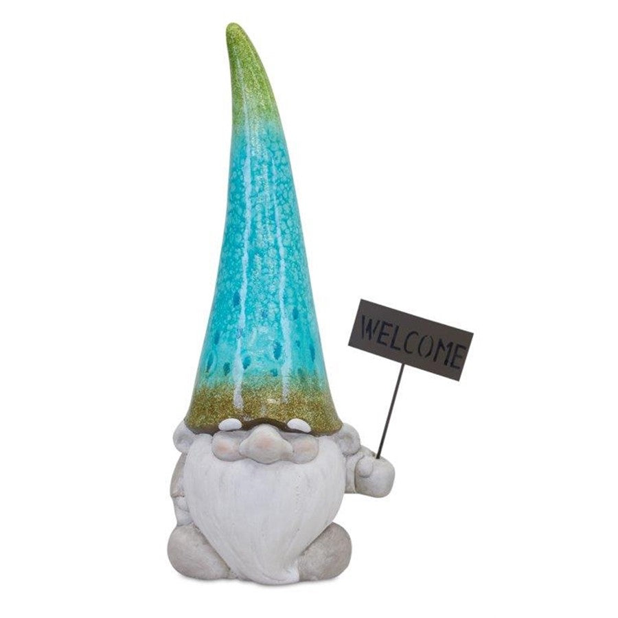 Melrose Terra Cotta Garden Gnome Statue/Welcome Sign 24"H, White/Blue - 82691DS