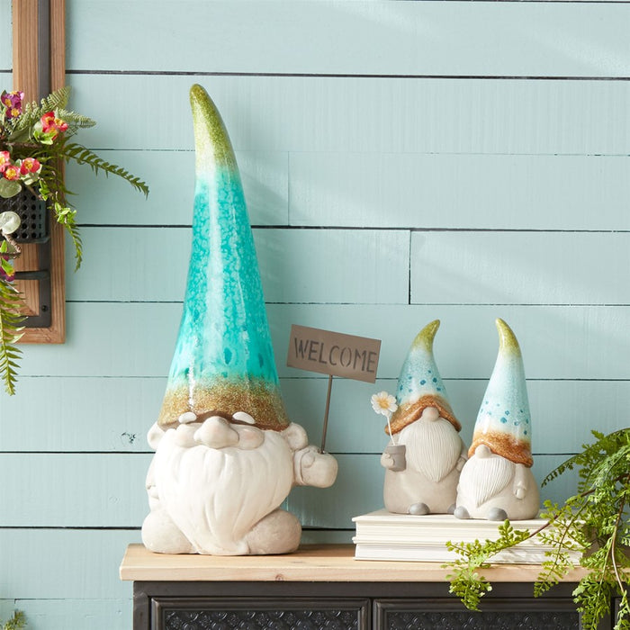 Melrose Terra Cotta Garden Gnome Statue/Welcome Sign 24"H, White/Blue