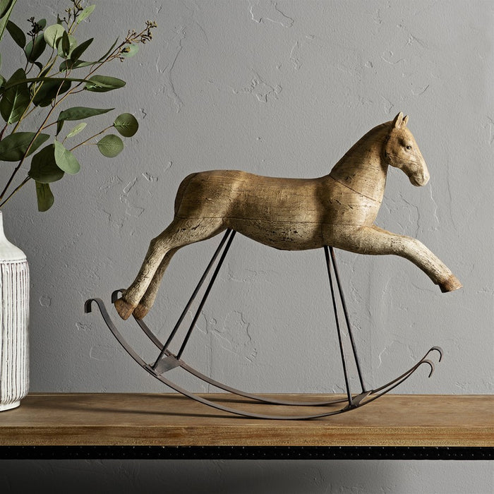 Melrose Rustic Rocking Horse Decor/Metal Stand 22.25"L, White/Brown
