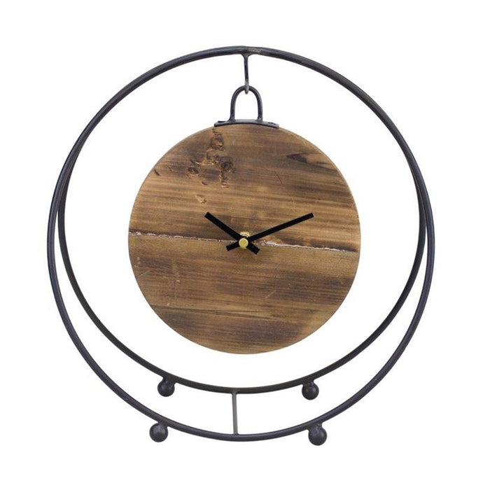 Melrose Natural Wooden Hanging Clock, Round Metal Stand 11.5"D, Black - 82722DS