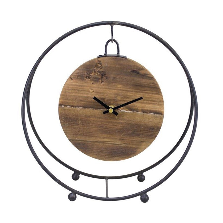 Melrose Natural Wooden Hanging Clock, Round Metal Stand 11.5"D, Black - 82722DS