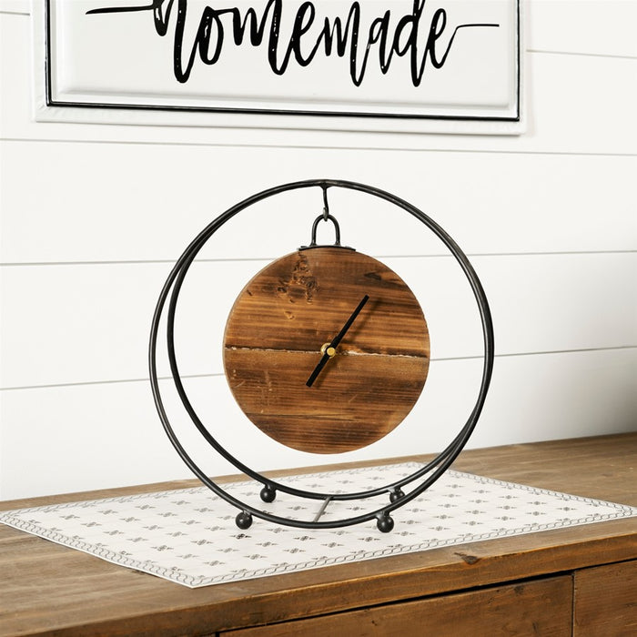 Melrose Natural Wooden Hanging Clock, Round Metal Stand 11.5"D, Black