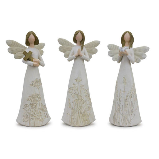 Melrose Beige Floral Etched Angel Figurine, Set/3, White/Brown/Beige - 82814DS