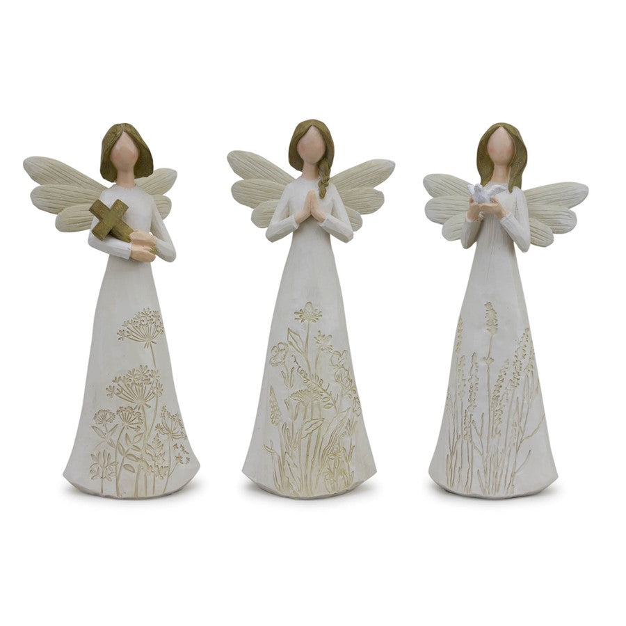 Melrose Beige Floral Etched Angel Figurine/Set of 3, White/Brown/Beige - 82814DS