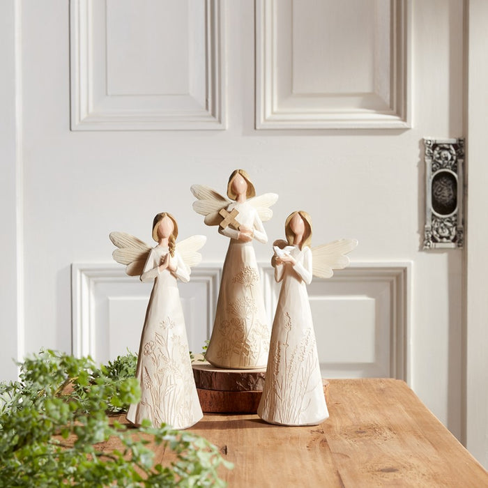 Melrose Beige Floral Etched Angel Figurine/Set of 3, White/Brown/Beige