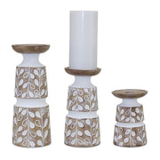 Melrose Leaf Pattern Candle Holder/Wood Design, Set of 3, Brown/White - 82827DS