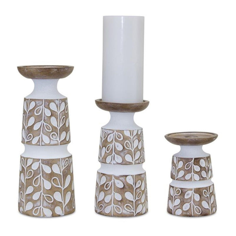 Melrose Leaf Pattern Candle Holder/Wood Design, Set of 3, Brown/White - 82827DS