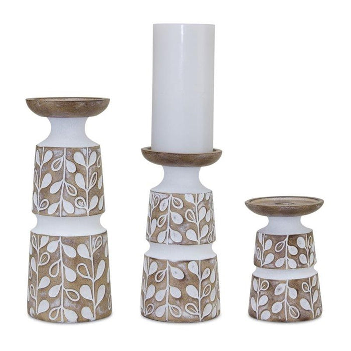 Melrose Leaf Pattern Candle Holder/Wood Design, Set of 3, Brown/White - 82827DS