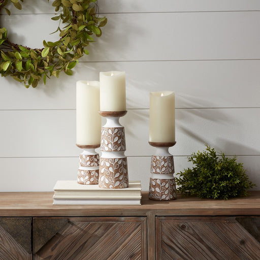 Melrose Leaf Pattern Candle Holder/Wood Design, Set of 3, Brown/White