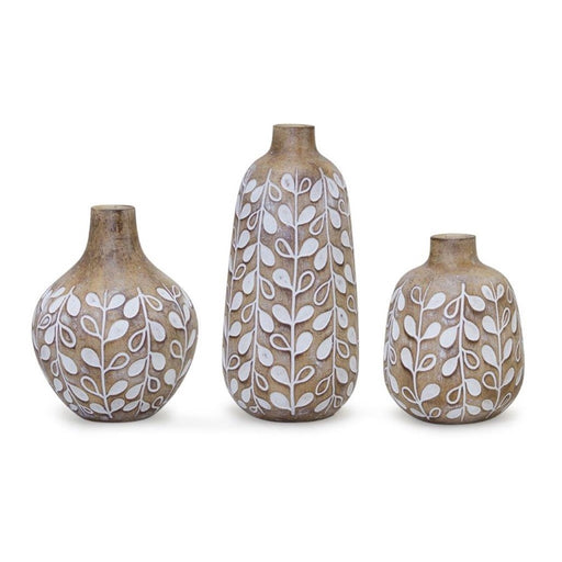 Melrose Leaf Print Vase/Wood Design, Set of 3, Brown/White - 82828DS
