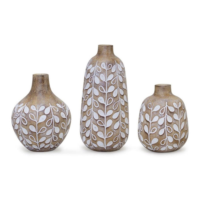 Melrose Leaf Print Vase/Wood Design, Set of 3, Brown/White - 82828DS