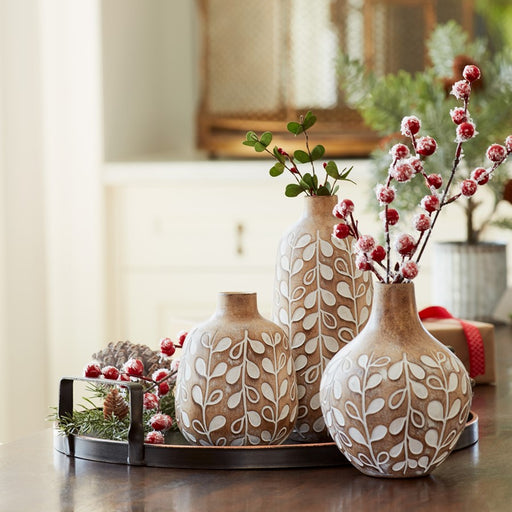 Melrose Leaf Print Vase/Wood Design, Set of 3, Brown/White