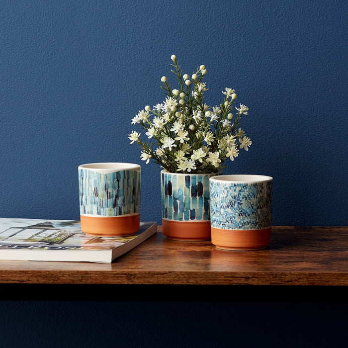 Melrose Watercolor Planter/Terra Cotta Accent, Set/3, Brown/Blue/White