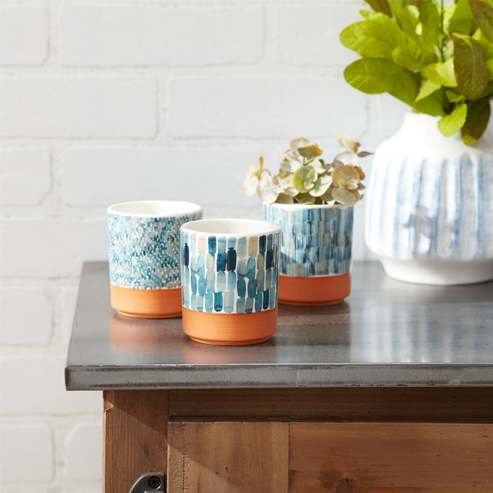 Melrose Watercolor Planter/Terra Cotta Accent, Set/3, Brown/Blue/White