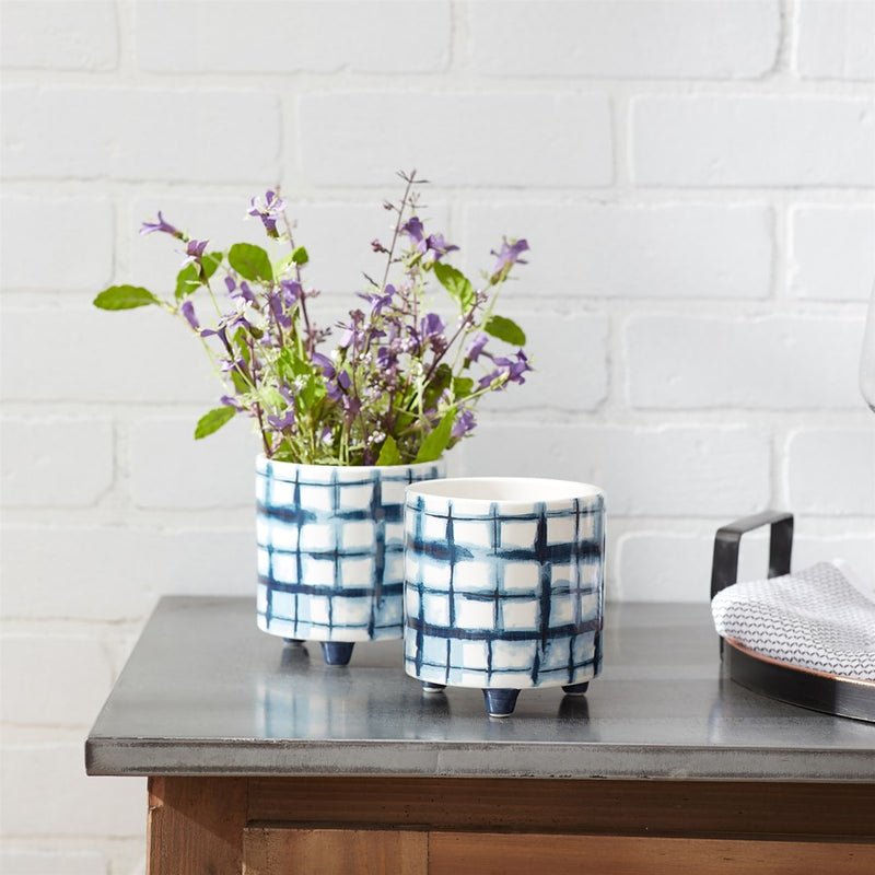 Melrose Tie-Dye Design Footed Planter (Set of 2), Blue/White