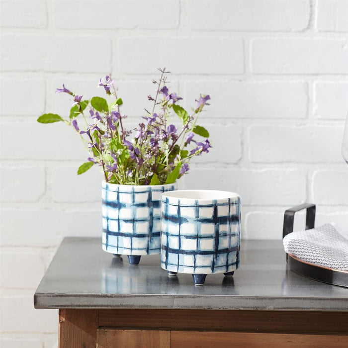 Melrose Tie-Dye Design Footed Planter, Set of 2, Blue/White