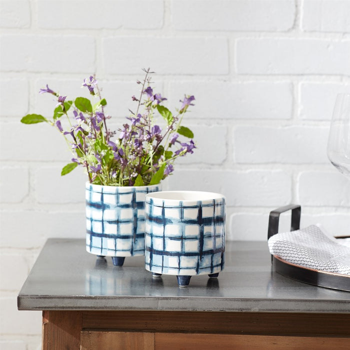 Melrose Tie-Dye Design Footed Planter, Set of 2, Blue/White