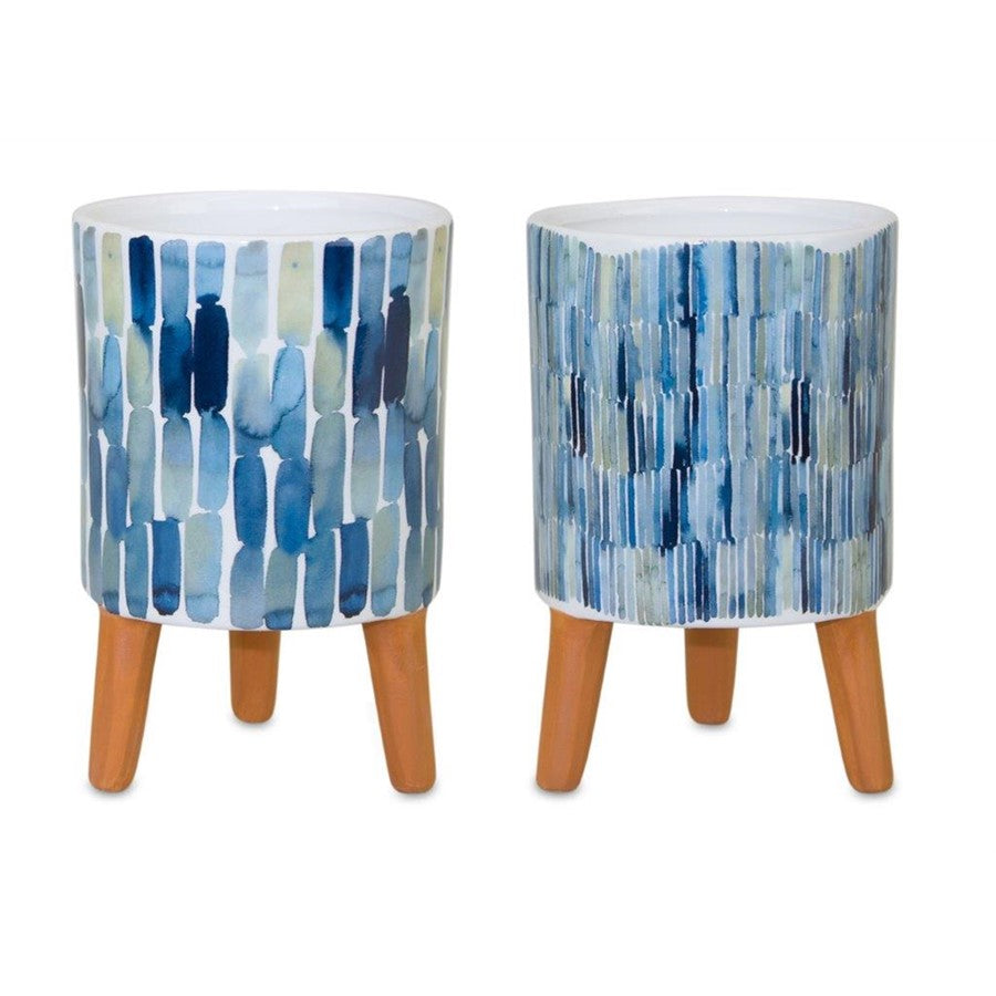 Melrose Watercolor Planter/Terra Cotta Legs, Set/2, Blue/Brown/White - 82844DS