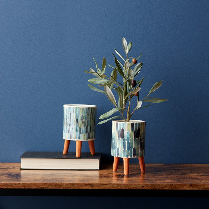 Melrose Watercolor Planter/Terra Cotta Legs, Set/2, Blue/Brown/White