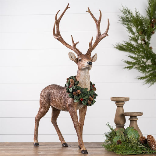 Melrose Holiday Standing Deer Figurine/Wreath Accent, Set of 2, Green