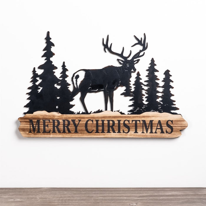 Melrose Wood Merry Christmas Sign/Cut Metal Forest Accent, Set of 2, B