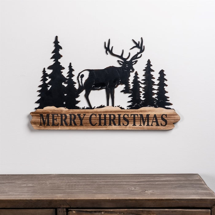 Melrose Wood Merry Christmas Sign/Cut Metal Forest Accent, Set of 2, B