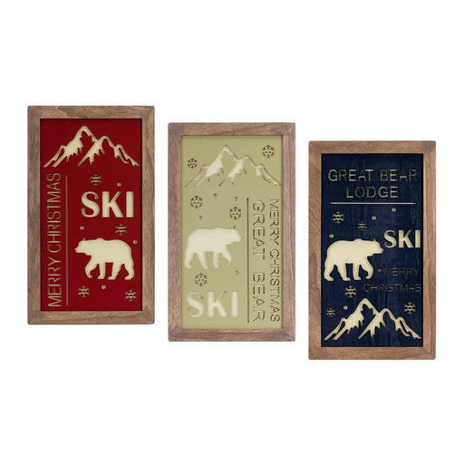 Melrose Ski Lodge Plaque Wall Art, Set of 3, Red/Blue/Green - 83016DS