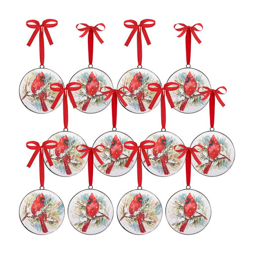 Melrose Winter Cardinal/Pine Branch Disc Ornament, Set of 2, Red/White - 83029DS