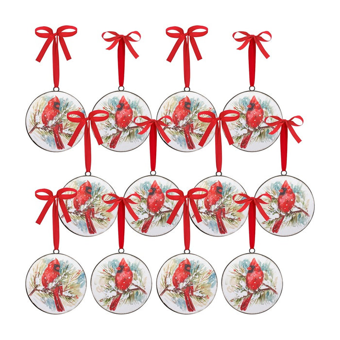 Melrose Winter Cardinal/Pine Branch Disc Ornament, Set of 2, Red/White - 83029DS