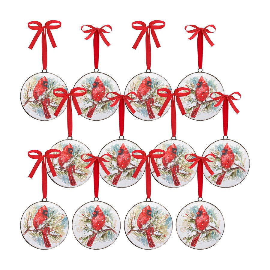 Melrose Winter Cardinal/Pine Branch Disc Ornament, Set of 2, Red/White - 83029DS