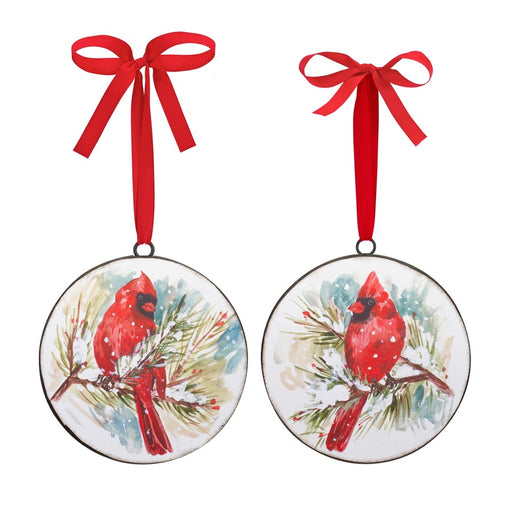 Melrose Winter Cardinal/Pine Branch Disc Ornament, Set of 2, Red/White