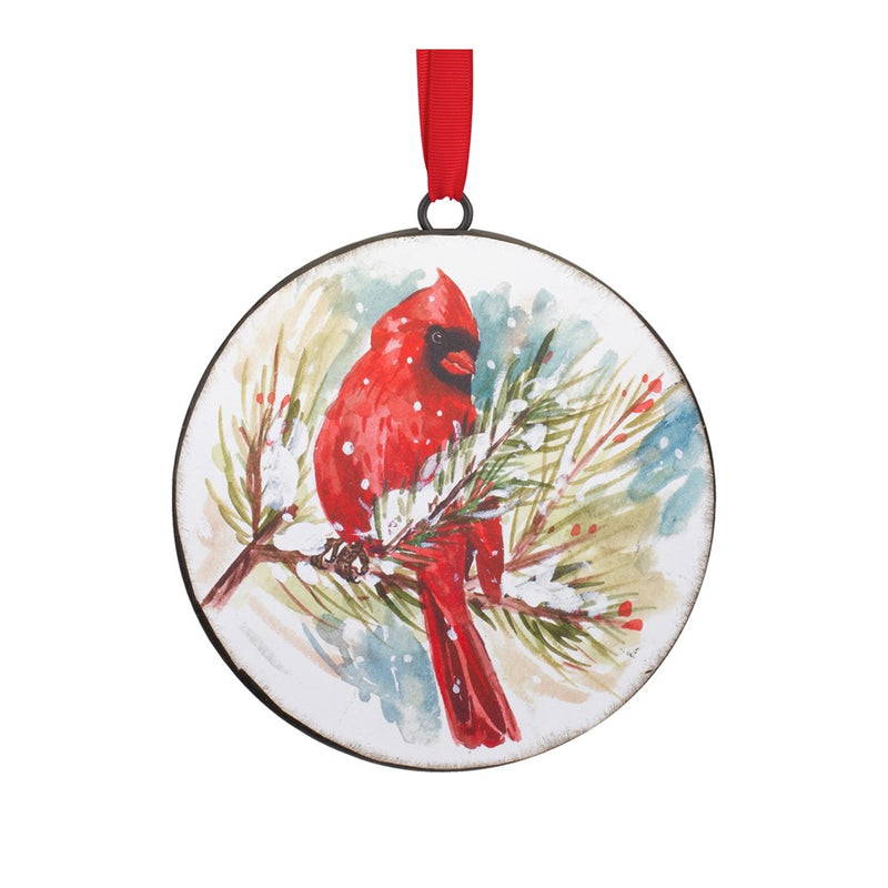 Melrose Winter Cardinal/Pine Branch Disc Ornament, Set of 2, Red/White