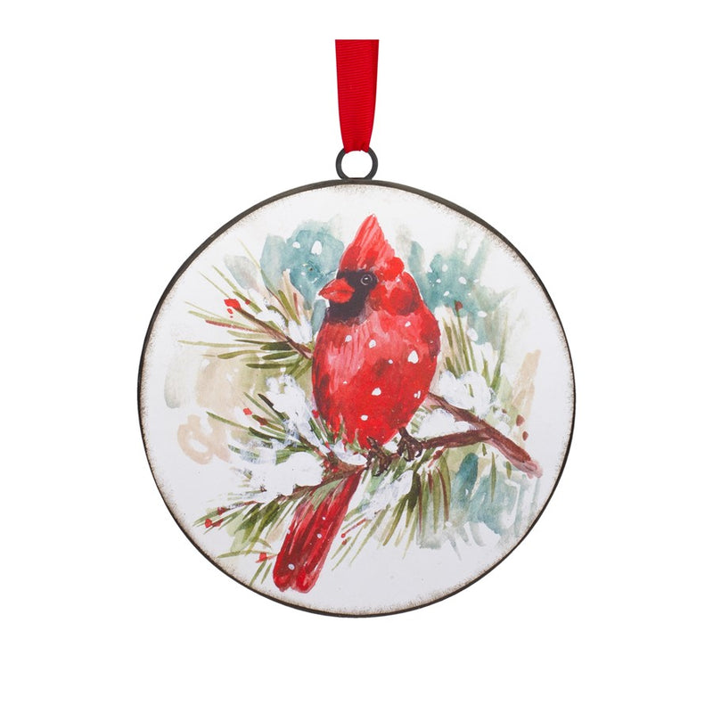 Melrose Winter Cardinal/Pine Branch Disc Ornament, Set of 2, Red/White