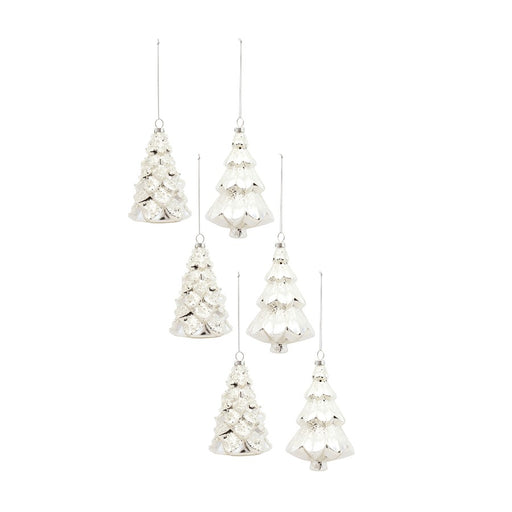 Melrose Frosted Pine Tree Ornament, Set of 6, Silver/White - 83095DS