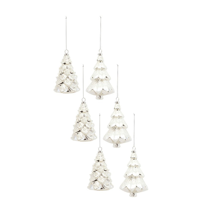Melrose Frosted Pine Tree Ornament, Set of 6, Silver/White - 83095DS