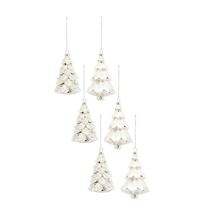 Melrose Frosted Pine Tree Ornament, Set of 6, Silver/White - 83095DS