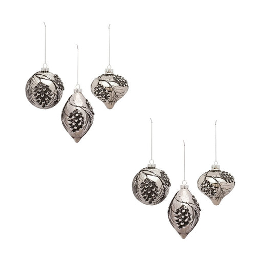Melrose Pine Cone Glass Ornament/Snowy Accent, Set of 6, Blue/Silver - 83114DS