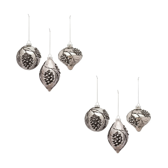 Melrose Pine Cone Glass Ornament/Snowy Accent, Set of 6, Blue/Silver - 83114DS