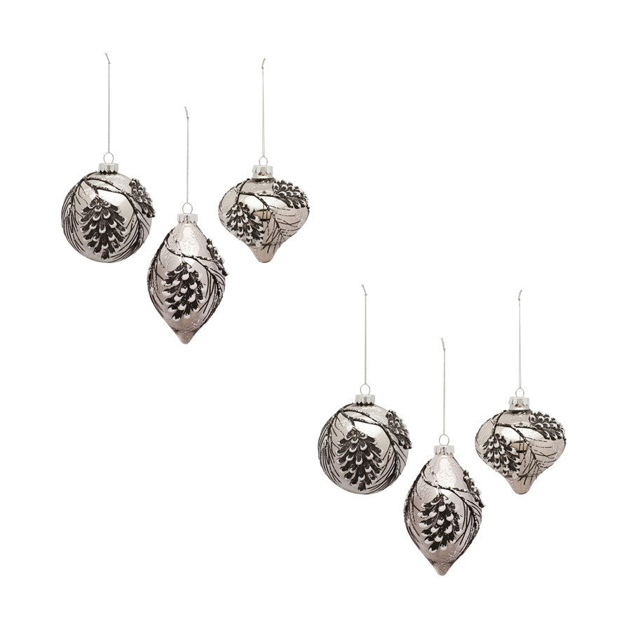 Melrose Pine Cone Glass Ornament/Snowy Accent, Set of 6, Blue/Silver - 83114DS