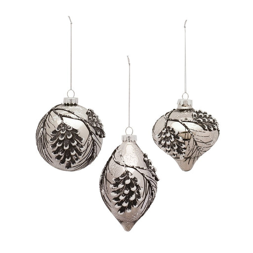 Melrose Pine Cone Glass Ornament/Snowy Accent, Set of 6, Blue/Silver