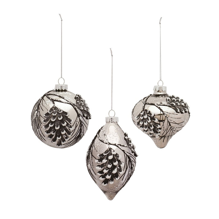 Melrose Pine Cone Glass Ornament/Snowy Accent, Set of 6, Blue/Silver