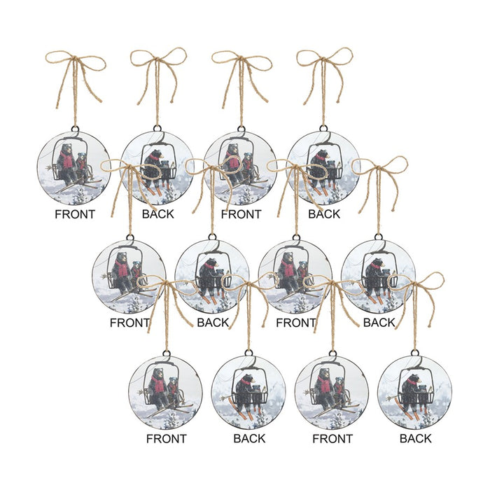 Melrose Black Bears on Ski Lift Disc Ornament/Jute Hanger, Set of 12 - 83132DS