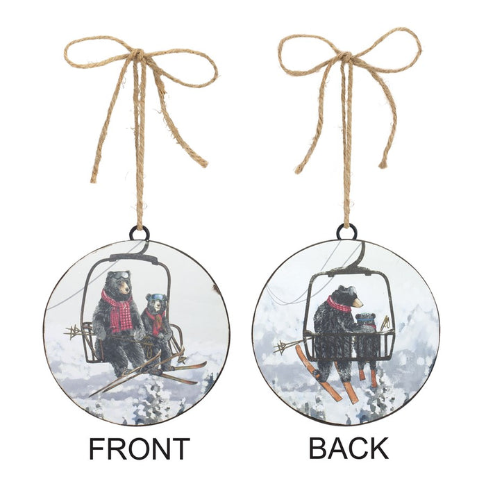 Melrose Black Bears on Ski Lift Disc Ornament/Jute Hanger, Set of 12
