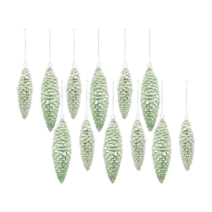 Melrose Green Frosted Pinecone Drop Ornament, Set of 12, White - 83151DS