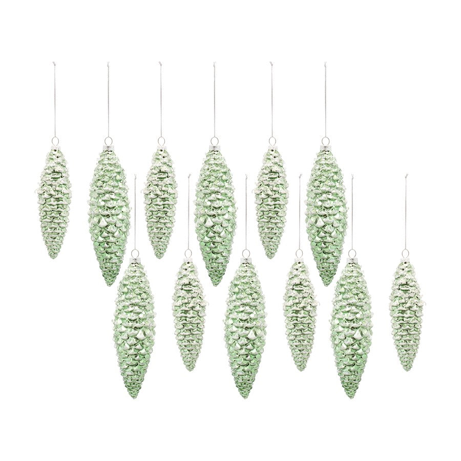 Melrose Green Frosted Pinecone Drop Ornament, Set of 12, White - 83151DS