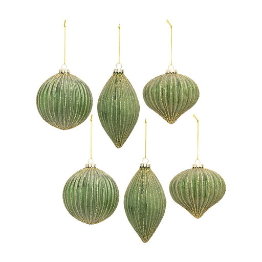 Melrose Ribbed Glass Ornament/Gold Accent, Set of 6, Green/Gold - 83169DS