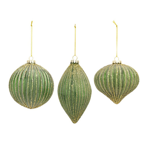 Melrose Ribbed Glass Ornament/Gold Accent, Set of 6, Green/Gold
