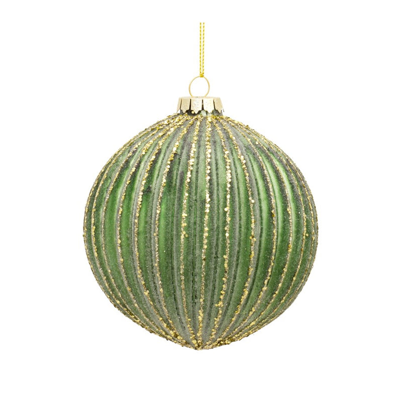 Melrose Ribbed Glass Ornament/Gold Accent, Set of 6, Green/Gold